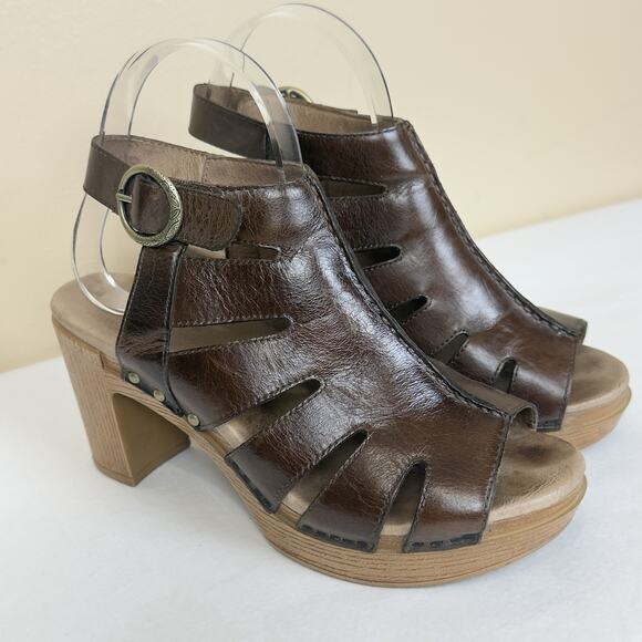 Dansko Demetra Brown Wooden Heel Sandals Women’s Size 38 - Picture 1 of 14